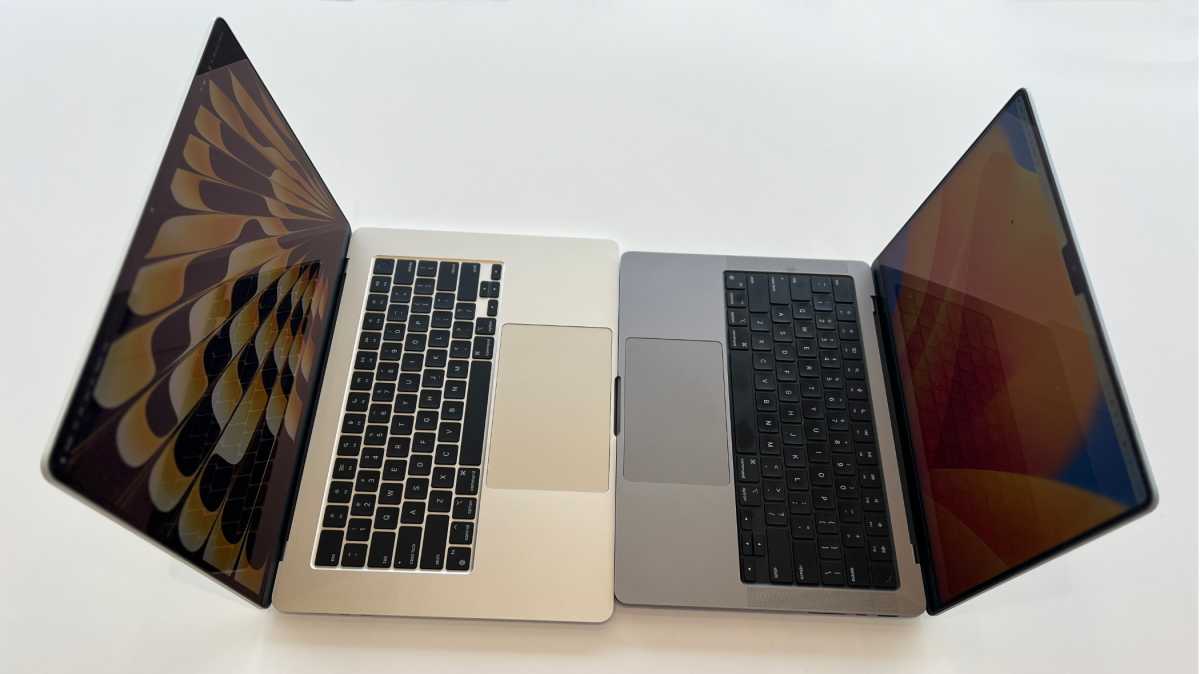 15 inch MacBook Air (left) and 14 inch MacBook Pro 2023