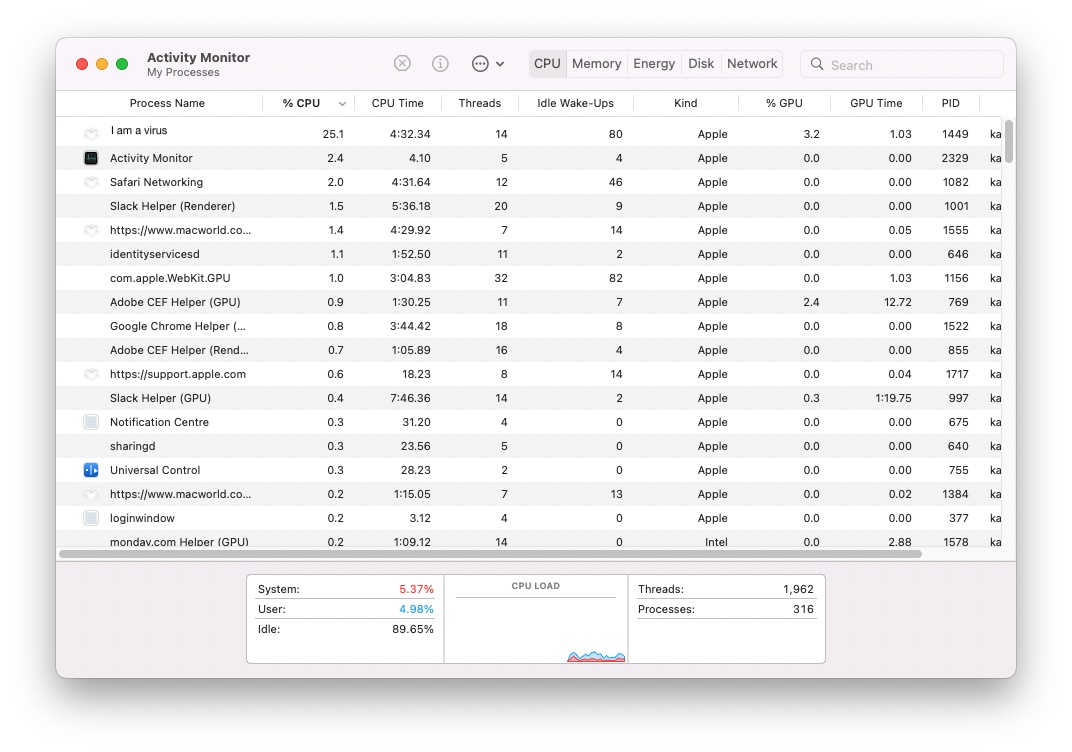 Using Activity Monitor to find virus