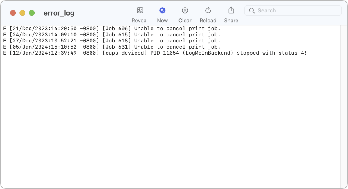 macOS printer error log