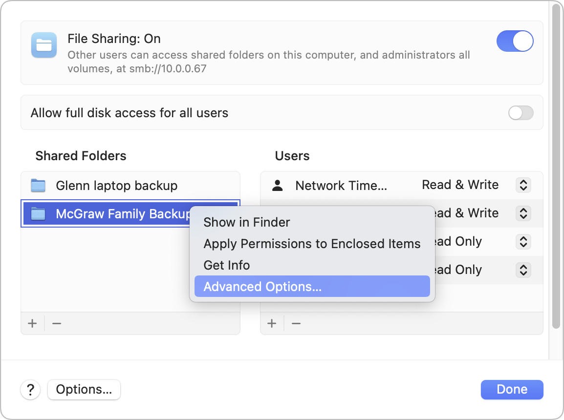 macOS Shared Folders Advanced Options